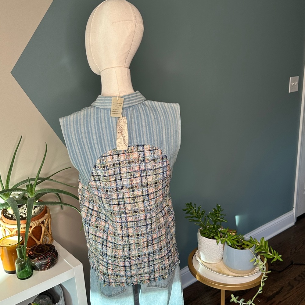 Mystree Tweed Sleeveless Vest NWT Boho Chic Cottagecore Raw Hem Button-Up Top S - Picture 7 of 14